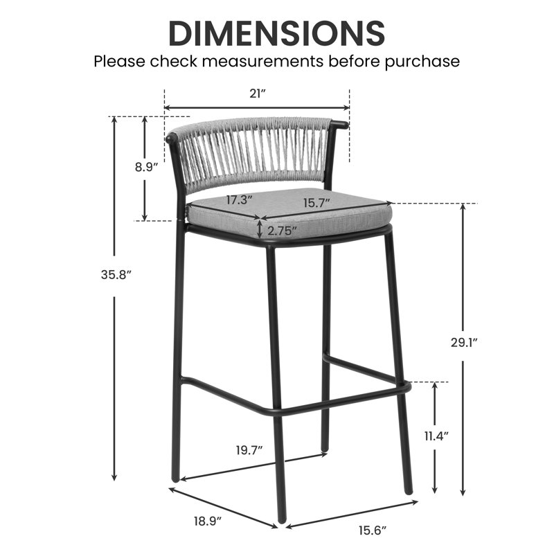 4 - Person Metal Patio Dining Set With Rectangular Bar Table , Cushions Includeda, Gray, Black