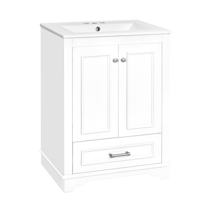 Armoire de salle de bain 24 po avec lavabo en céramique, lignes élégantes, construction, meuble-lavabo à tiroir spacieux, style moderne, céramique, organisé