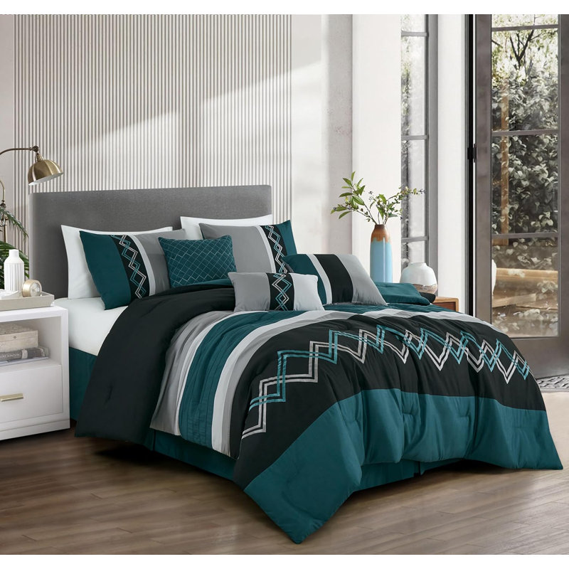 Microfiber Modern & Contemporary 7 Piece Comforter Set, Oversized King Comforter + 6 Additional Pieces, Teal/Black/Gray