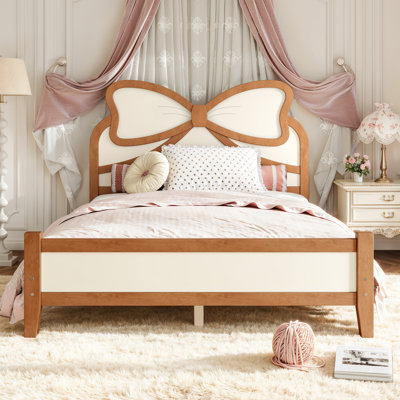 Wooden Platform Bed with Bow Headboard, Solid Wood Bed Frame with Slatted Support