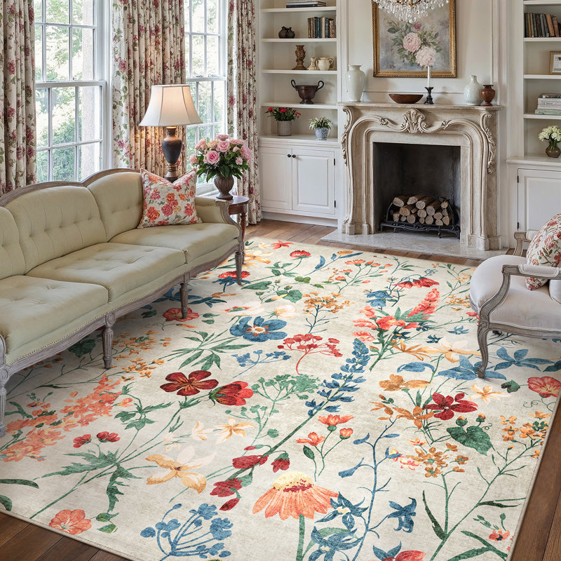 Tapis floral lavable à la machine avec envers antidérapant, Beige, Rectangulaire 8 pi x 10 pi