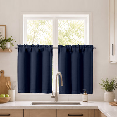 Navy Blue Short Blackout Curtains 30 Inch Length, Small Kitchen Curtain Tier Rod Pocket Half Window Curtains for Bathroom Basement Cabinet Camper RV Bunk, 2 PCS, Each 30"Wx30"L