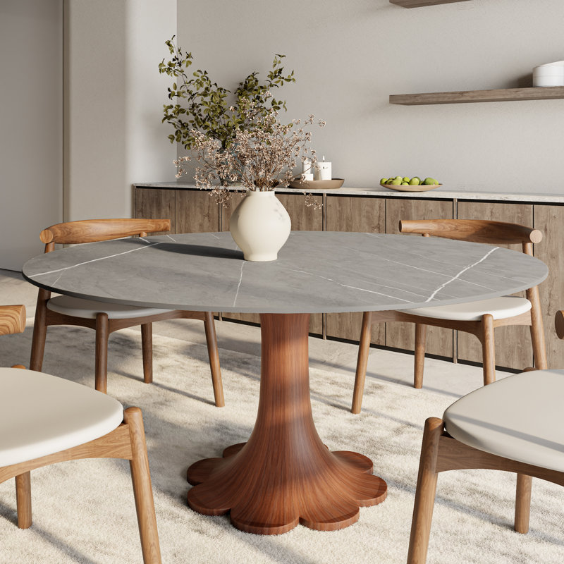 Table de salle à manger ronde ronde en pierre avec base en bois massif pour 4 à 10 personnes, Brun, Gris