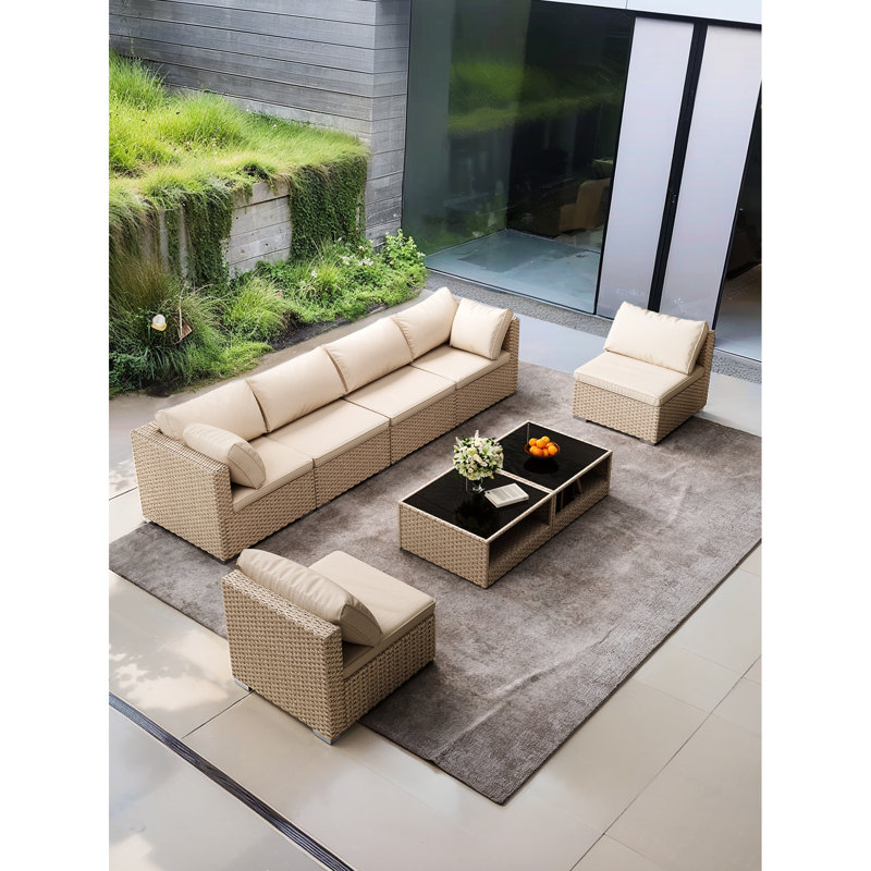 8 meubles de patio pour l'extérieur - conversation toutes saisons avec coussins d'eau et cadre modulaire distinctif en kaki + beige