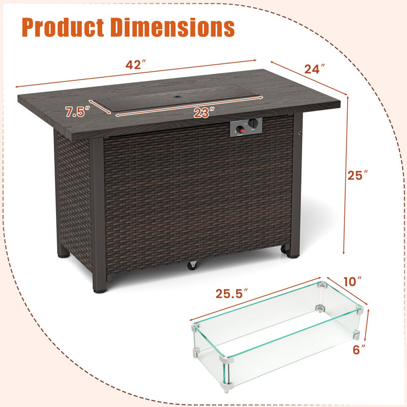 42 Inch Patio Rattan Propane Fire Pit Propane Gas Fire Pit Table W/ Wind Guard, Brown
