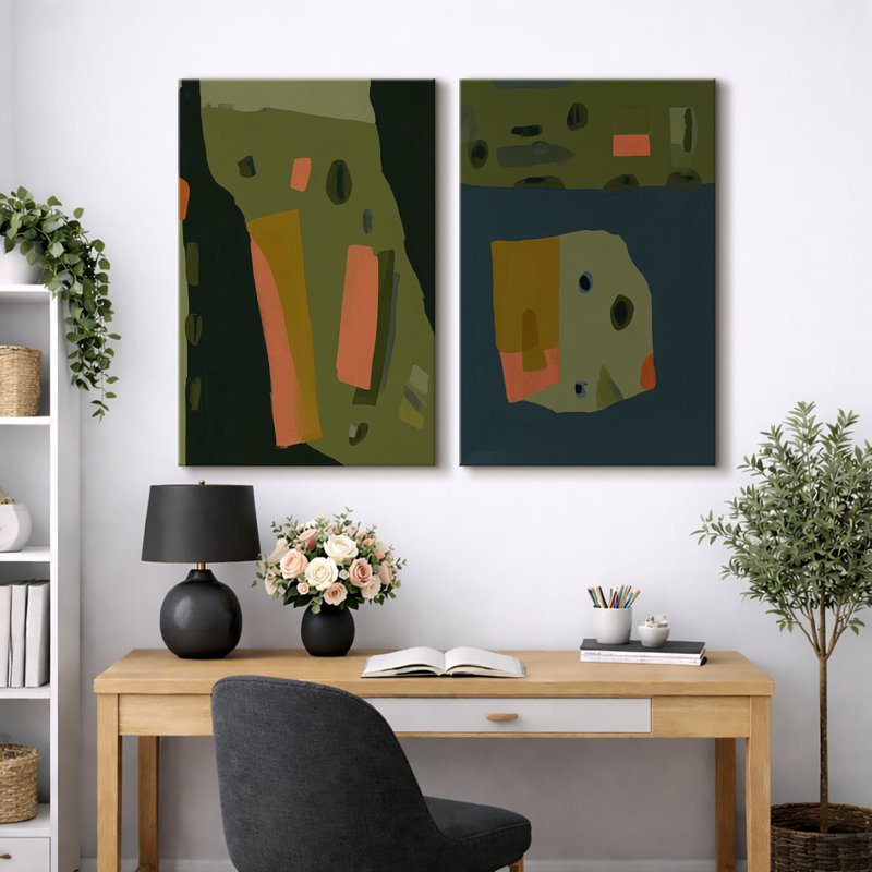"Modern", abstrait, orange et vert, ensemble géométrique, images de salon, impression sur toile encadrée, 2 pièces