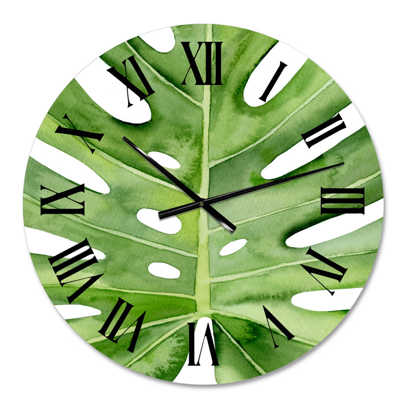 Green Monstera Leaf Tropical Palm Botanical Detail - Tropical Wall Clock, 23" H x 23" W x 1" D