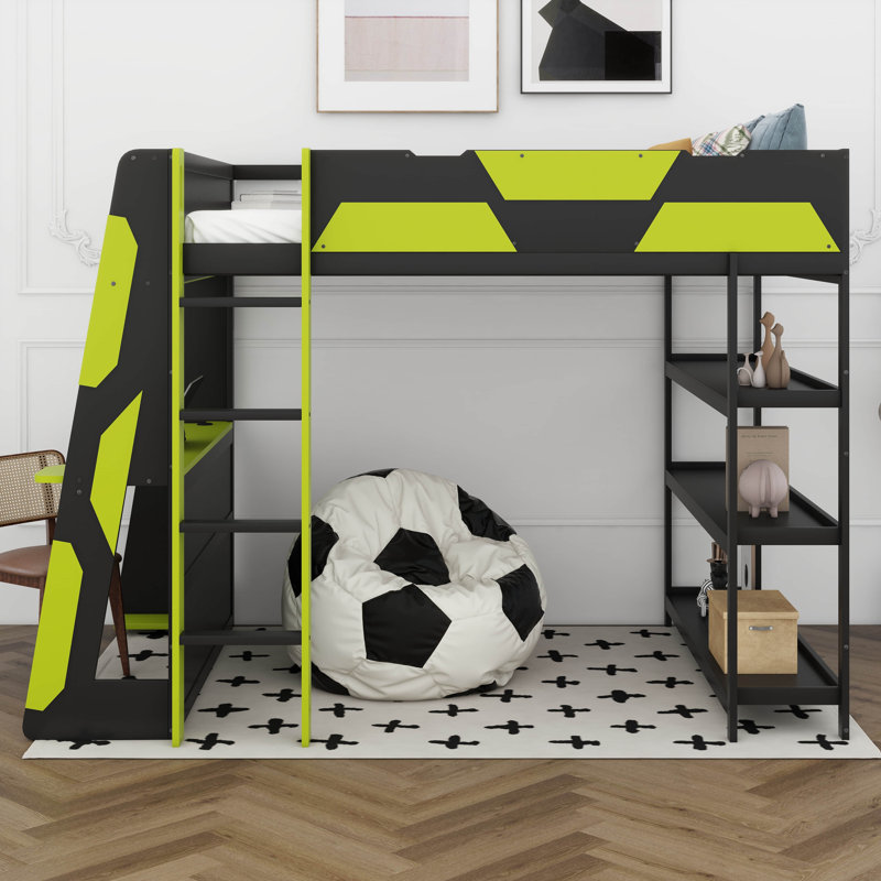 Gaming Loft Bed With Desk & Storage Shelves, Built-In Power Outlets & USB Ports, LED Lights, Black/Green