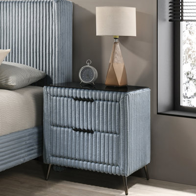 Corduroy Upholstered Bedroom Nightstand, Blue - 2 Drawers, Construction, Modern Wood Tone Nightstand Spacious Storage With Drawers And Build