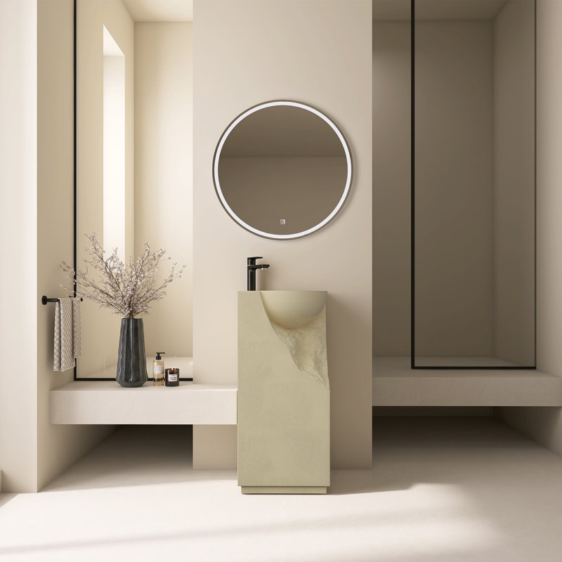 15 1/2'' Freestanding Solid Surface Pedestal Sink With Gloss Black Basin And Chiseled Front, Beige