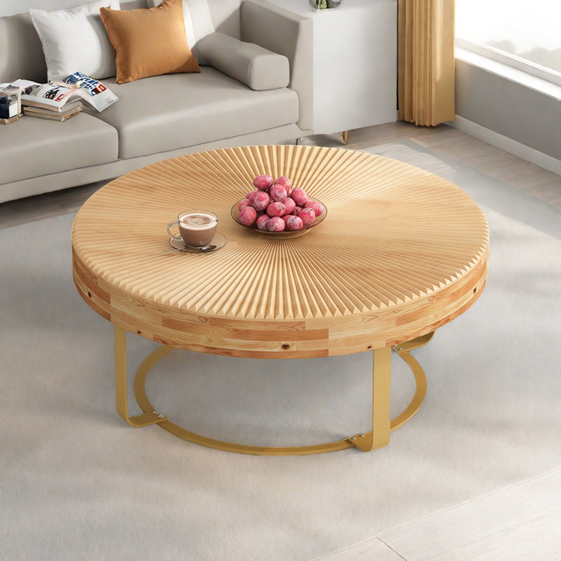Modern Round Coffee Table With Carving Pattern And Metal Legs, Gold