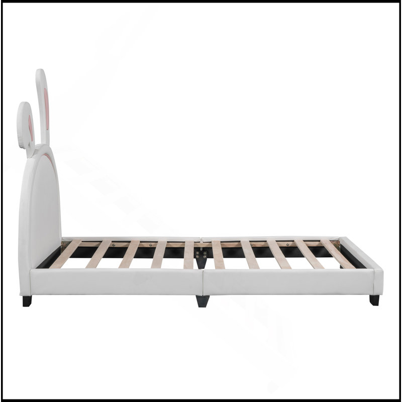 Lit plateforme tapissier en cuir avec ornement en forme de lapin, Lit simple, Blanc
