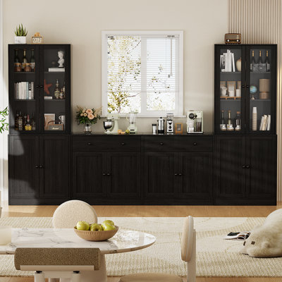 110.3'' Wide Modular Kitchen Pantry Cabinet with Bookcases,Soft Close Glass Doors and Drawers, Large Sideboard Buffet Storage System, Black