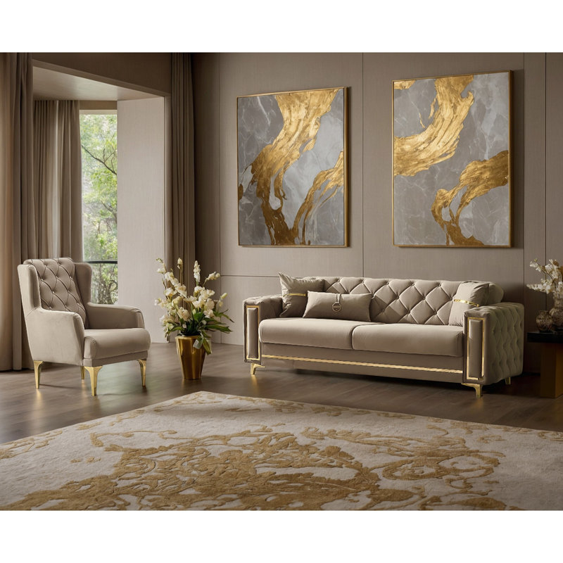 Ensemble de salon en velours 2 pièces Kayman, Beige, Or