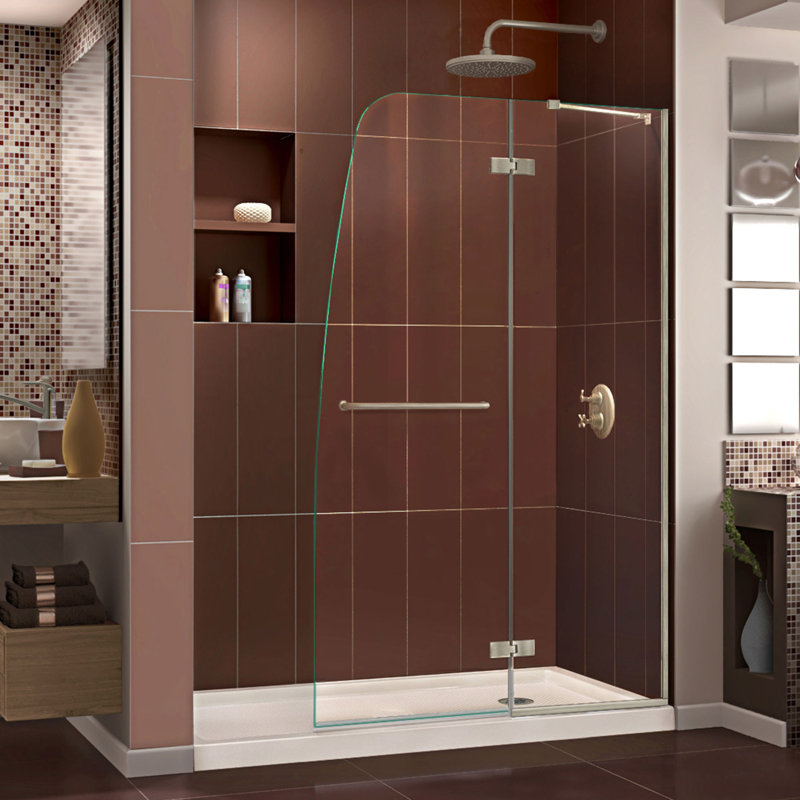 Aqua Ultra 74.75" H Frameless Shower Enclosure, Brushed Nickel/Biscuit, Right