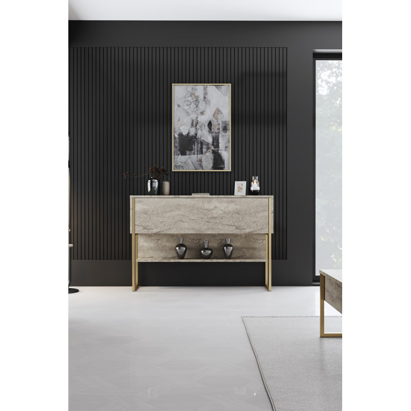 Modern Glam Dresser with Metal Legs, Travertine & Gold Finish, 47.2 x 31.5 x 11.8 inches | 100% Melamine Coated Particle Board, Thickness: 0.7 inches | Stylish Storage Solution for Bedroom & Living Room Decor