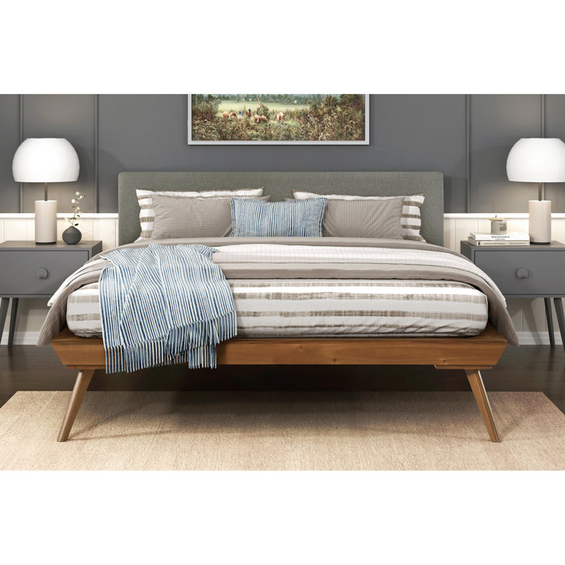 Lit plateforme double avec tête de lit tapissier châtaignier et revêtement texturé gris foncé, Lit double