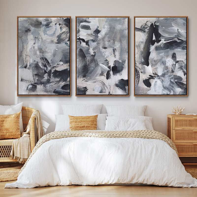 «Black and White Mix I», ensemble de 3 cadres flottants sur toile, Noyer, H 27 po x l 54 po