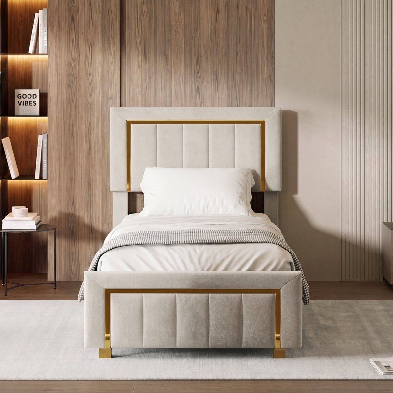 Dekker Luxury Velvet Ottoman Storage Bed with Gold Trim, Single (3'), Beige