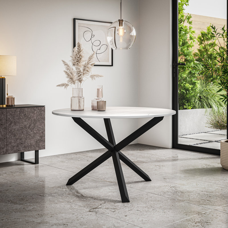 Davasher Round Dining Table Black Table Top w Solid Oak Legs, Black, White