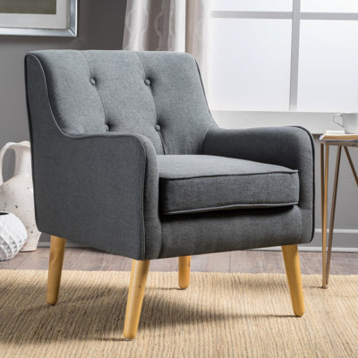 Fauteuil en tissu anthracite avec dossier, coussin confort maximal et pieds en bois rétro, 63,5 cm P x 73 cm L x 79,2 cm H, style milieu du siècle, anthracite, dossier et assise confortables.