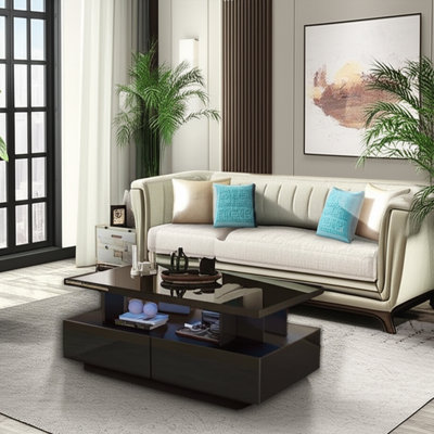 LED Coffee Table, Modern High Gloss Living Room Table With 4 Drawers, Stylish Center Table For Living Room, Office And Apartment