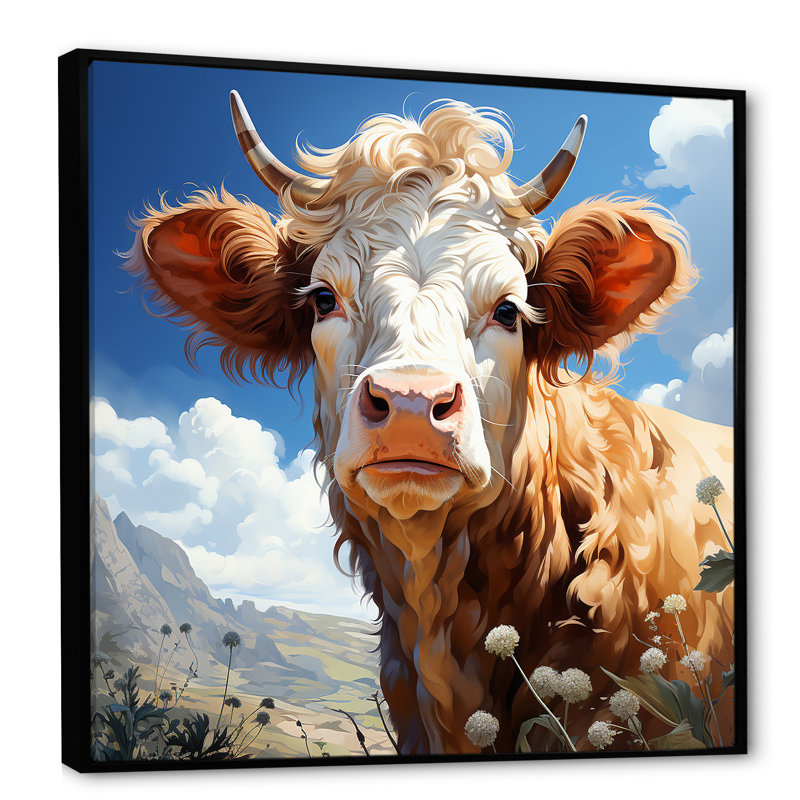 Portrait de vache dans une prairie fleurie - vache, art mural, Cadre flottant noir, H 30 po x l 30 po x P 1,5 po
