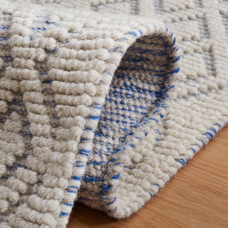 Agramonte Geometric Handwoven Wool Ivory/Blue Area Rug, Runner 2'3" x 8'