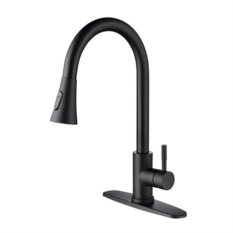 Robinet de cuisine rétractable à poignée simple avec accessoires, Noir mat