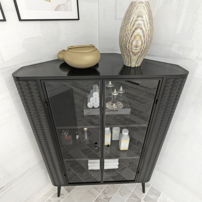 Modern 3-Tier Corner Storage Cabinet With Tempered Glass Doors, Removeable Shelves & Metal Frame - Freestanding Space-Saving Organizer For Bathroom, Kitchen, Bedroom, Living Room
