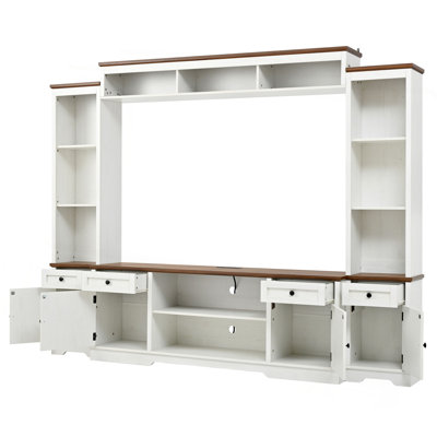Meuble audio-vidéo l 98,8 po avec bibliothèque pour téléviseur de 80 po ou moins, meuble télé moderne avec armoires et tablettes réglables pour le salon