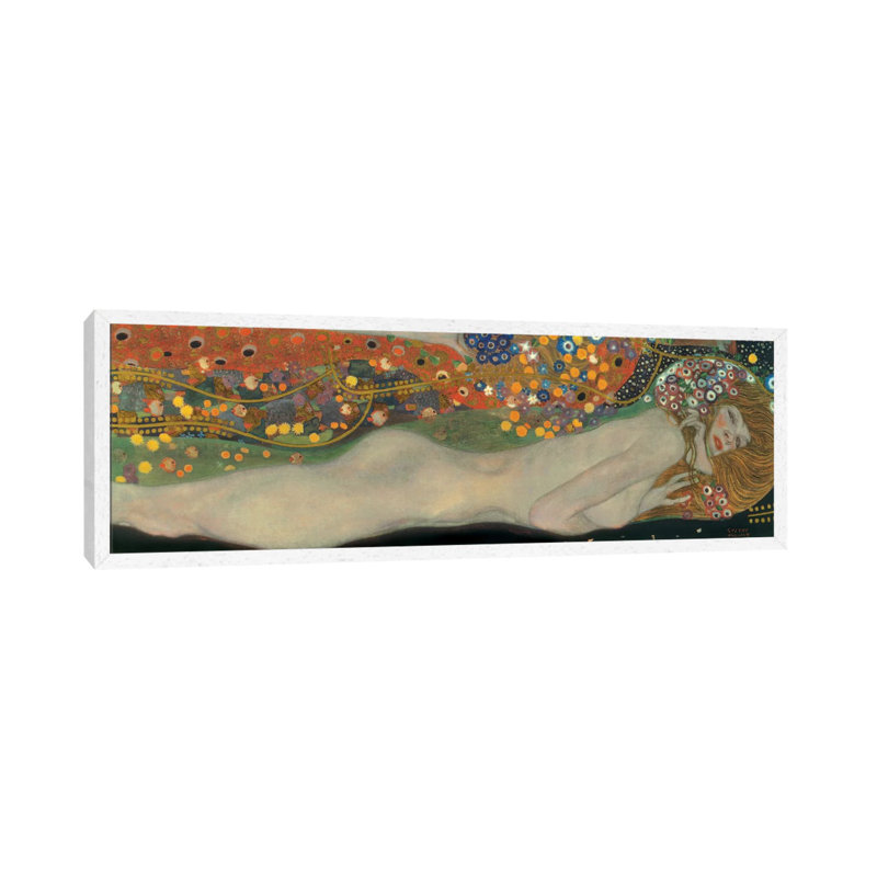 Sea Serpents, Detail IV by Gustav Klimt - Panoramic Painting on Canvas, 121.92 cm H x 40.64 cm W, White Framed
