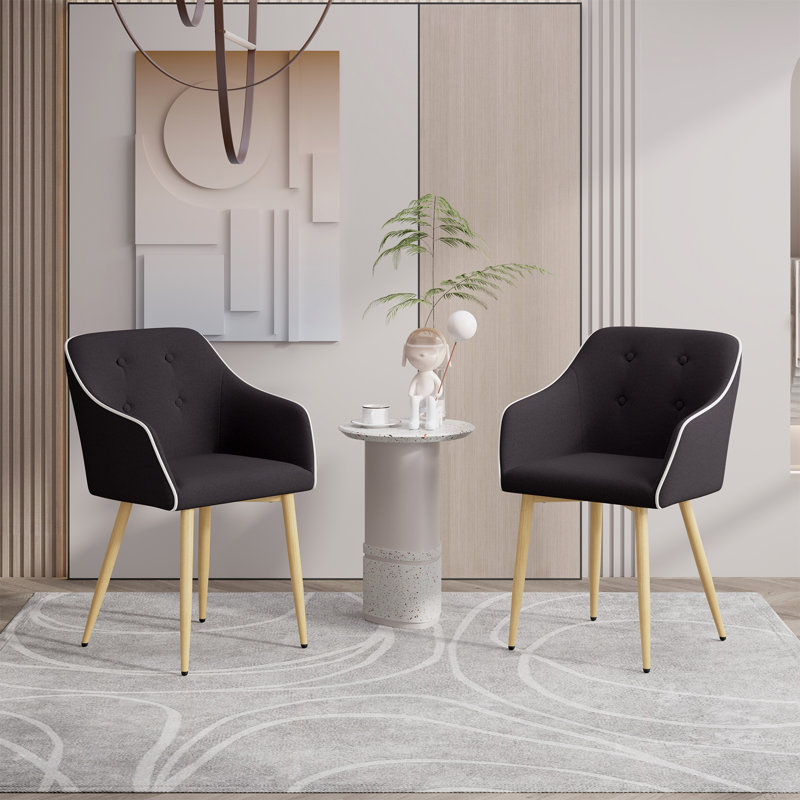 Mid-Century Modern Dining Chair With Wood Finished Metal Legs, 2-Pcs Set, Black