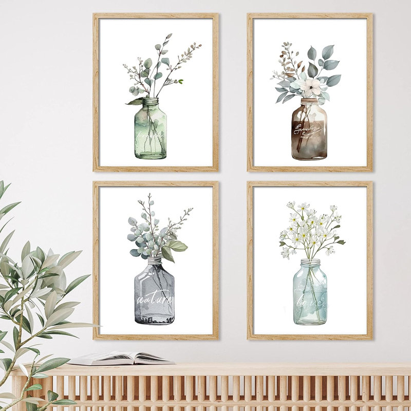 Plant In Bottle " IDEA4WALL Framed Pastel Forest Leaf Glass Vase Wall Art, Set Of 4 Nature Wilderness Wall Decor Prints, Botanical Floral Wall Decor For Living Room, Bedroom " 4 - Pieces