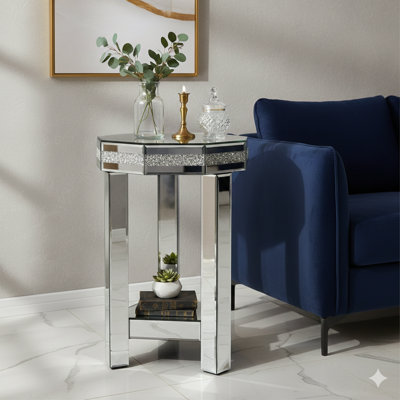 Mirrored Octagonal End Table With Inlaid Crystals. A Two-Tier Modern Compact Sofa Table Offering Storage, In A Silver Finish. Accent Side Table For Living Room, Bedroom, Coffee Areas, And Small Spaces. Dimensions: 13.8"W X 13.8"D X 21"H.