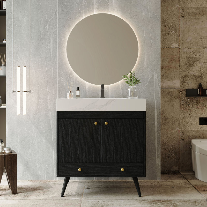 Meuble-lavabo autoportant contemporain avec plateau en faux marbre et lavabo en céramique, armoire de rangement à double porte de 30 po, bois d'ingénierie imperméable