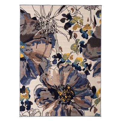 Dichiera Floral Brown/Navy/Cream Non-Slip Rubberback Area Rug