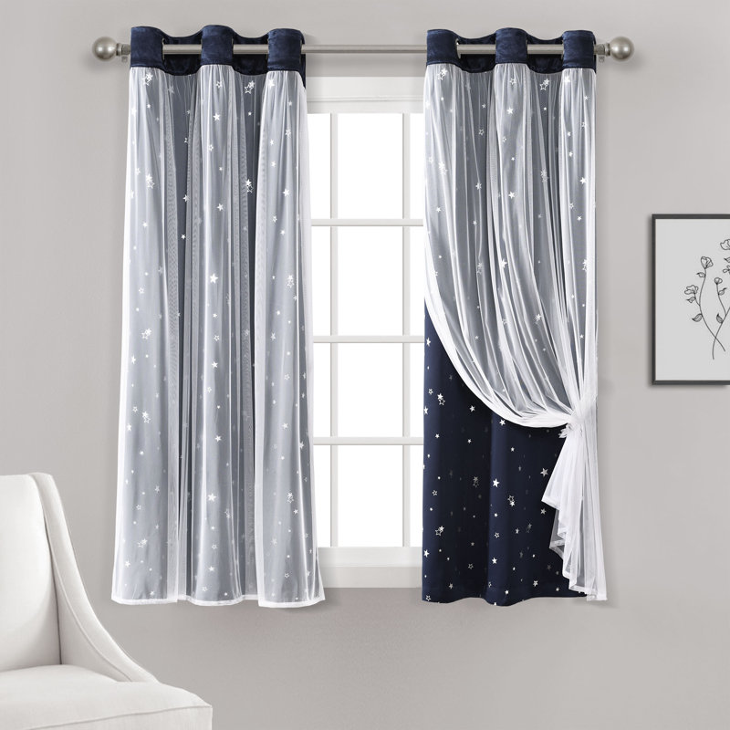 Lush Decor Star Sheer Insulated Grommet Blackout Curtain Panels Pair Drapes (Set of 2), Navy, 38" W x 63" L