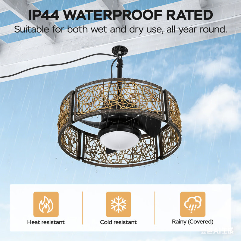 20 Inch Outdoor Indoor Caged Ceiling Fan with LED Lights Rattan With IP44 Waterproof, Black Walnut