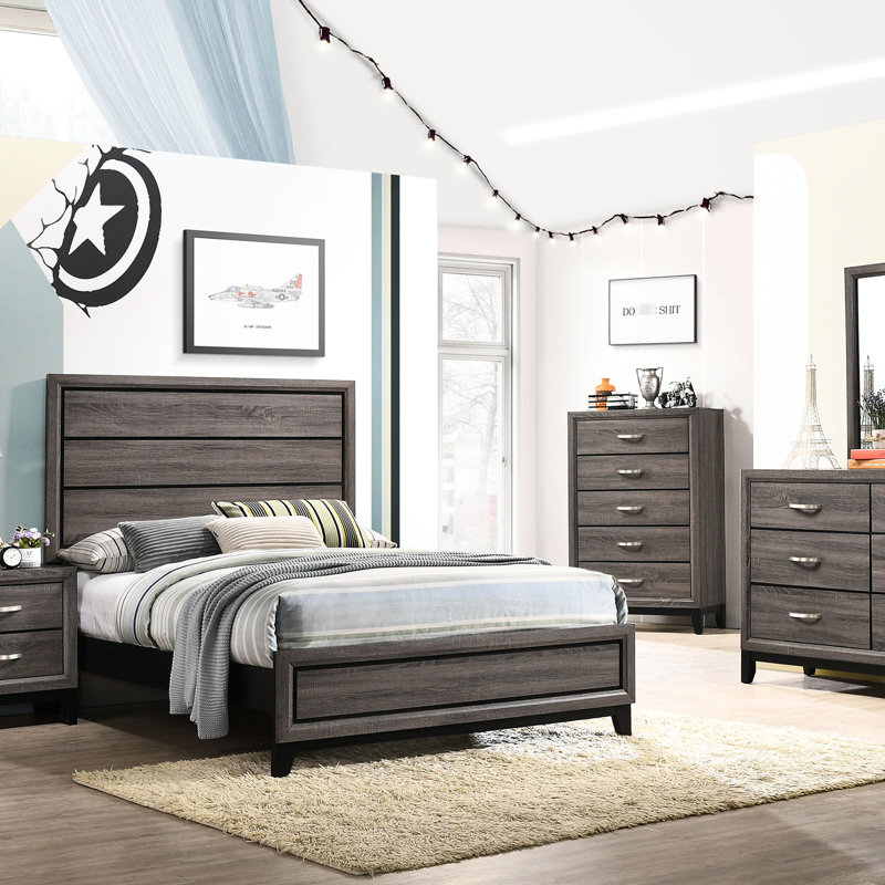 Lit à panneau double en chêne gris avec motif rainuré noir et papier 3D, pour décor de chambre à coucher de style transitionnel, placage, rainures