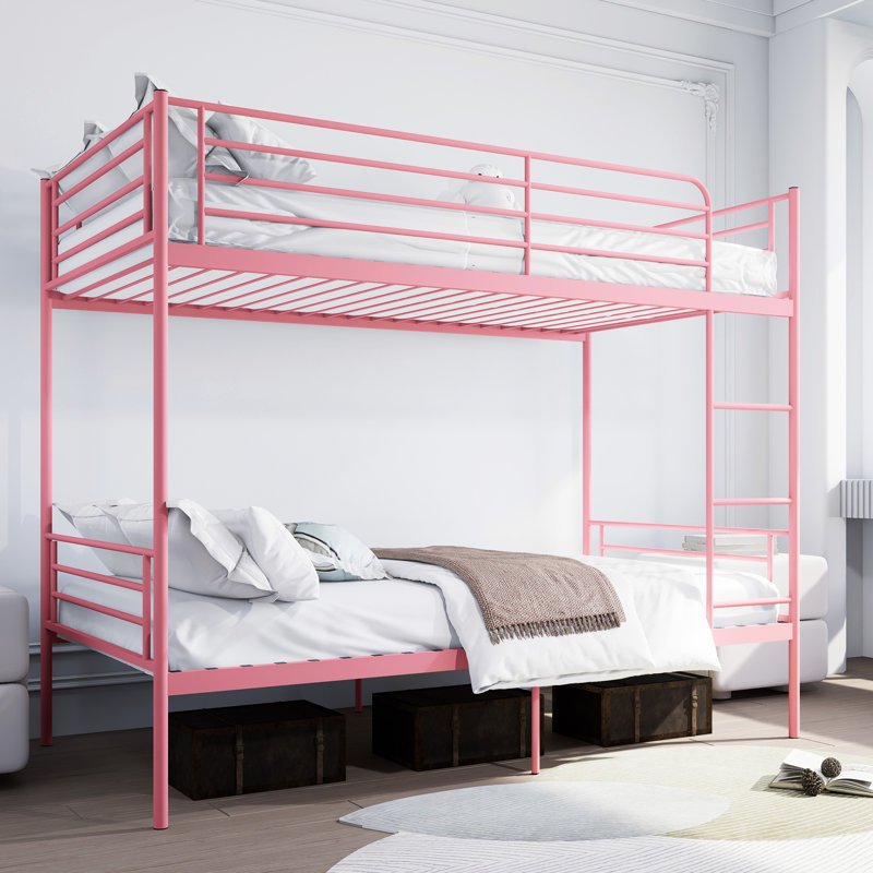 Lit superposé simple au-dessus de métal rose avec garde-corps élevé, barrière de bruit, divisé en deux lits, espace de rangement, structure en fer de qualité, revêtement anti-usure, conception pour la décoration de chambre à coucher en 2, configuration moderne