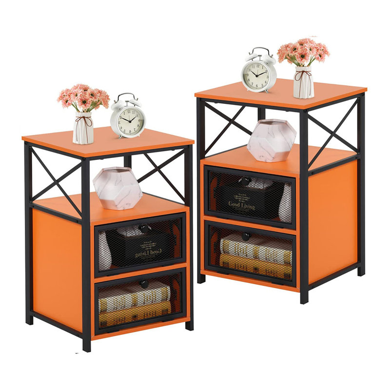 Kempst Nightstand Set 2, Small Bedside Table with Drawers, Narrow Side End Table with Open Shelf, 2 Drawer Dresser for Bedroom/Living Room/Dorms