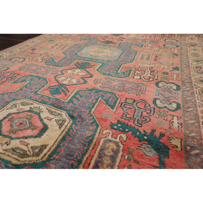 Tapis oriental turc Oushak en laine noué à la main 4 pi 3 po x 9 pi 4 po saumon délavé, couleur ardoise