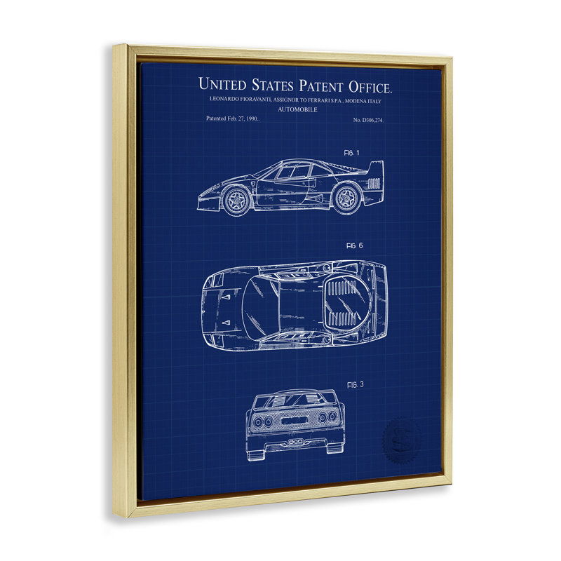 Art automobile, "Blue car" par Charles Hronek, H 31 po x l 25 po, Cadre flottant orme Montalcino