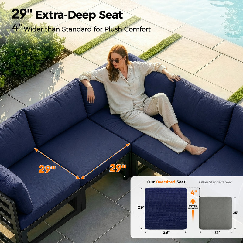 Gillet 7-Piece 6-Person Outdoor Patio All-Aluminum Sectional Conversation Set with 60,000 BTU Fire Pit Table and 4" High-Resilience Foam Cushions