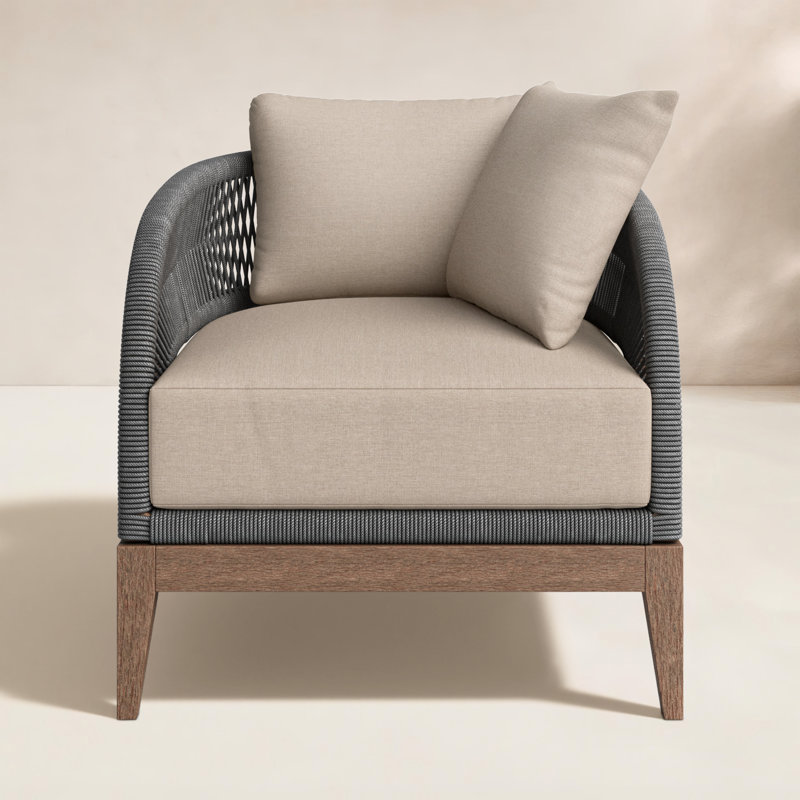 Lyssa Hareton Patio Chair in Eucalyptus Wood with Gray Rope and Taupe Olefin Cushions