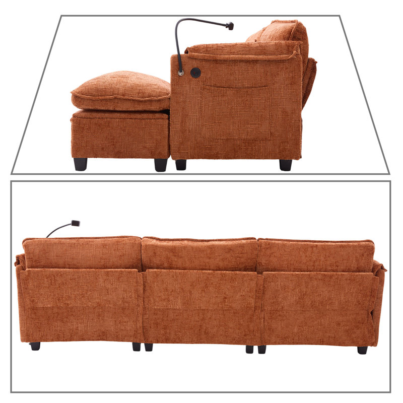 Modern Stylish L-Shaped Modular 3-Seater Storage Sofa with Phone Holder and Charging Station, Orange Chenille