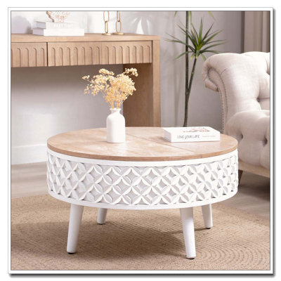 Table basse à plateau relevable 31,5 "avec rangement, base sculptée blanche avec plateau en bois naturel