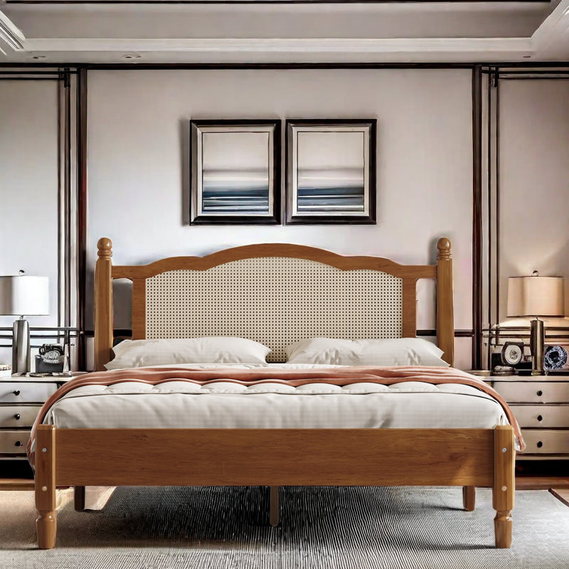 Bohemian Wooden Platform Bed With Natural Rattan Headboard And Arc Design, Walnut, Queen