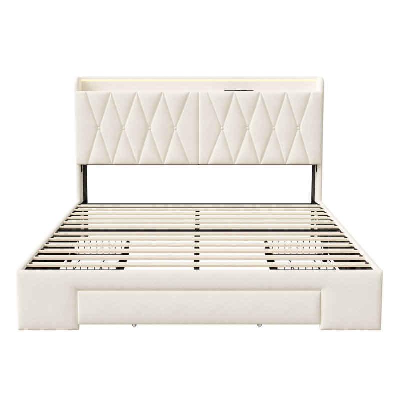 Beige Velvet Storage Bed With 3 Drawers, LED Storage Headboard & USB-C Charging, European Double (140X200cm) & King (160X200cm) 